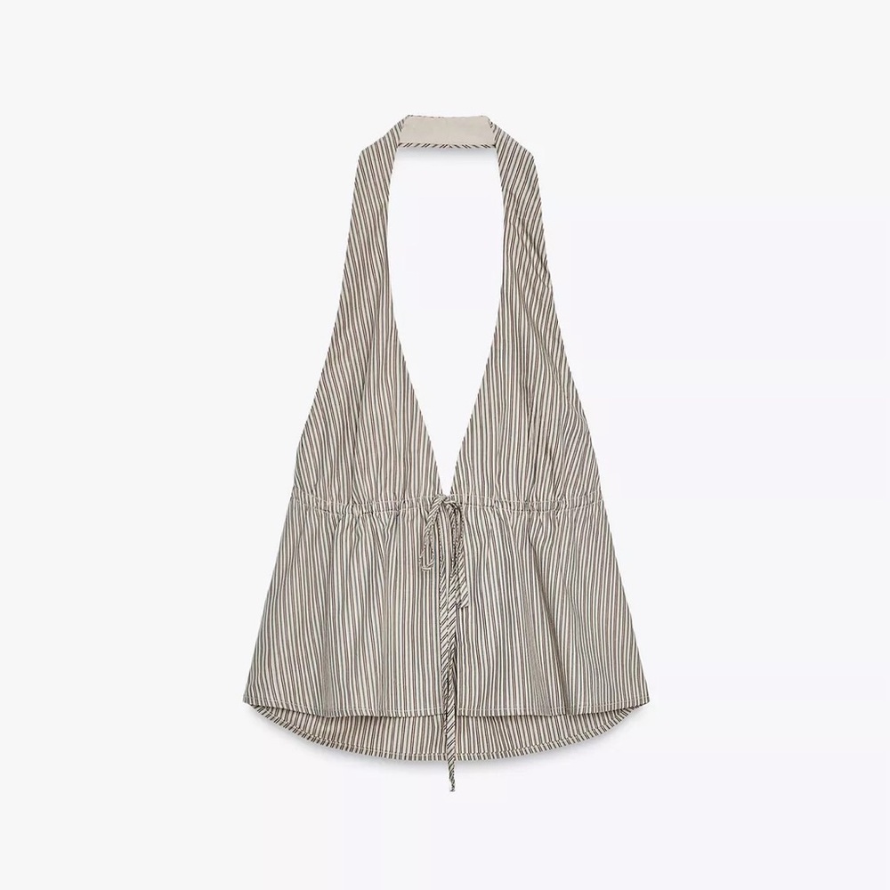 New Zara Striped Poplin Halter Top in Brown/Green